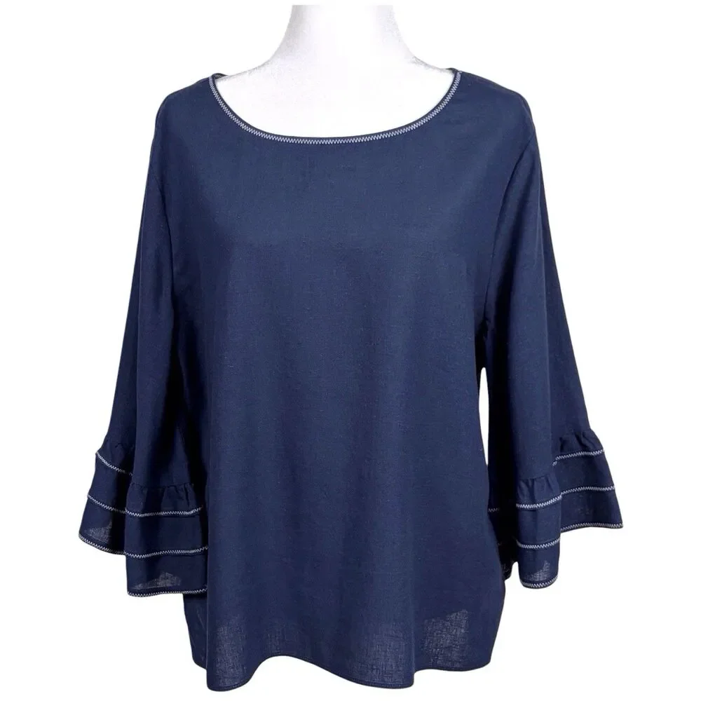 Nic+Zoe Linen Blend Bell Sleeve Blouse Navy Size XL